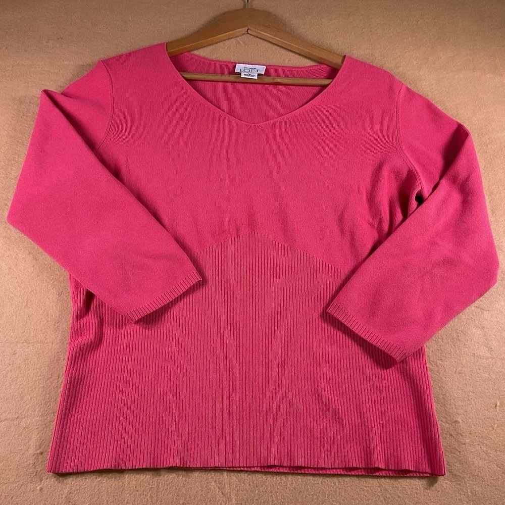 Ann Taylor LOFT Womens Pink V-Neck Ribbed Knit 3/4 Sleeve Top XL 100820